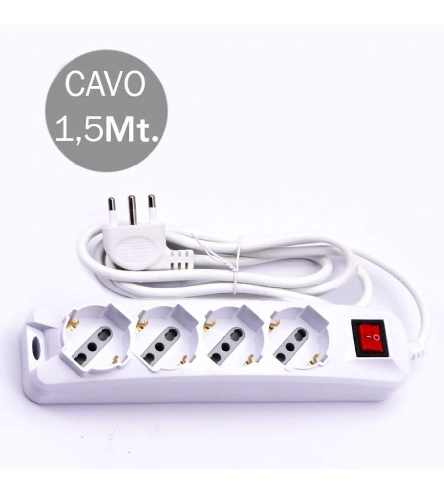 Multipresa con Cavo 1,5mt 4 Prese 10/16A 2P+T Bipasso + Shuko Interruttore Luminoso Spina 16A 2P+T Colore Bianco