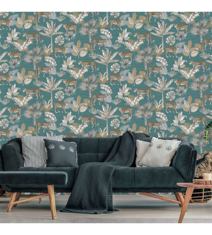 DUTCH WALLCOVERINGS Carta da Parati Leopardo Blu e Beige