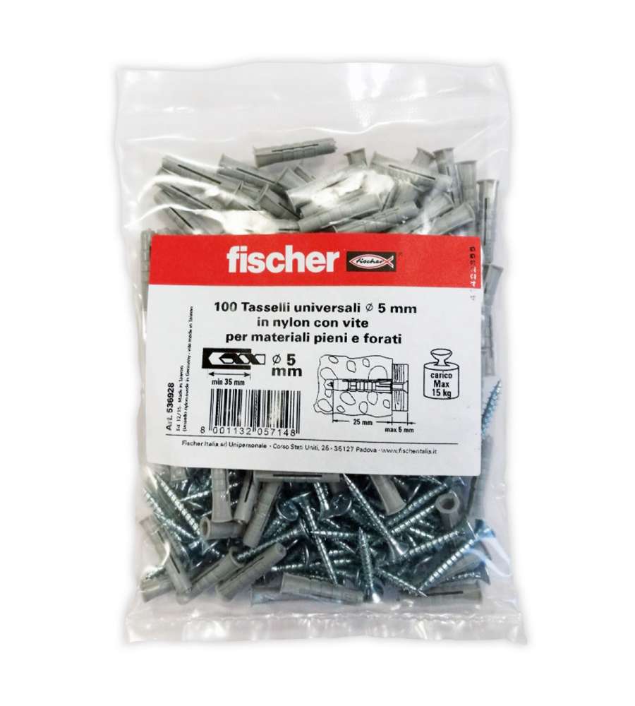 100 tasselli in nylon fischer diametro 5 con vite