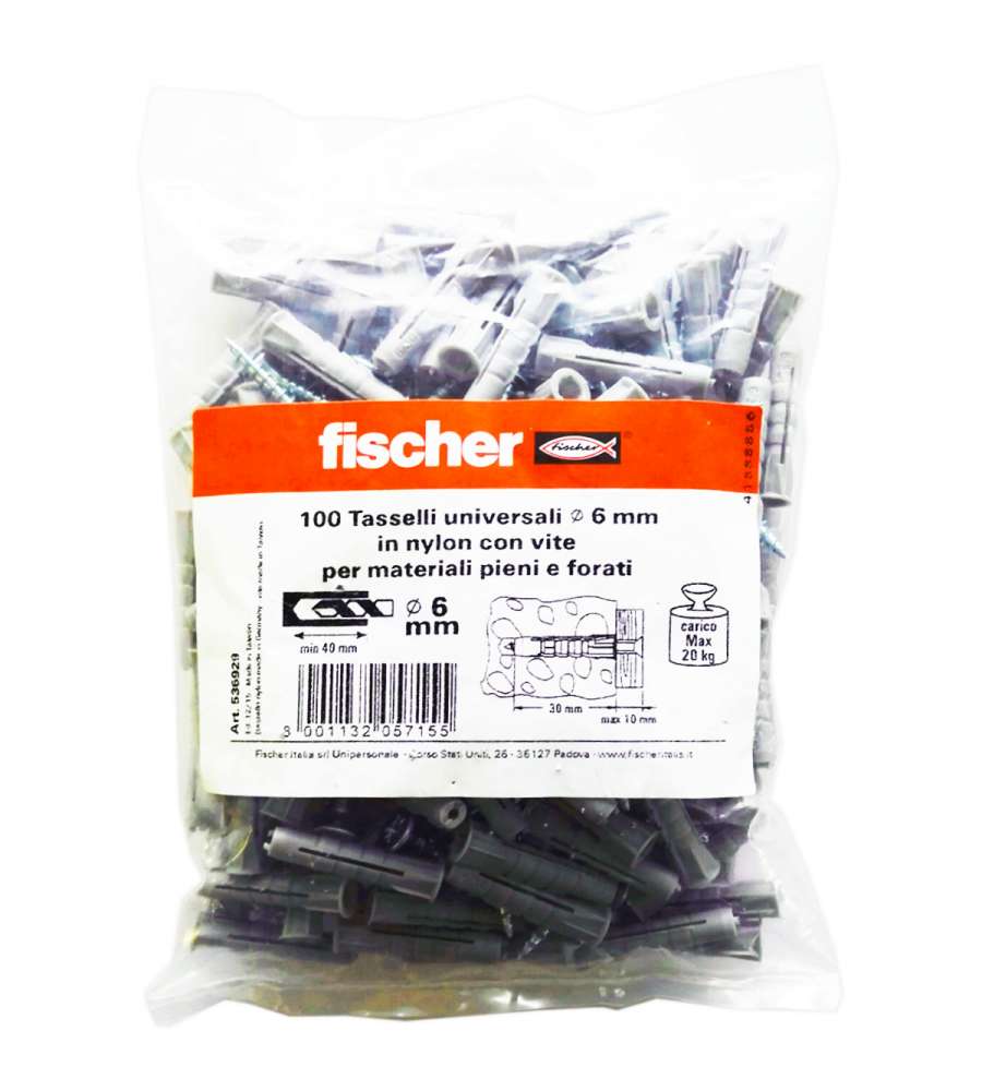 100 tasselli in nylon fischer diametro 6 con vite