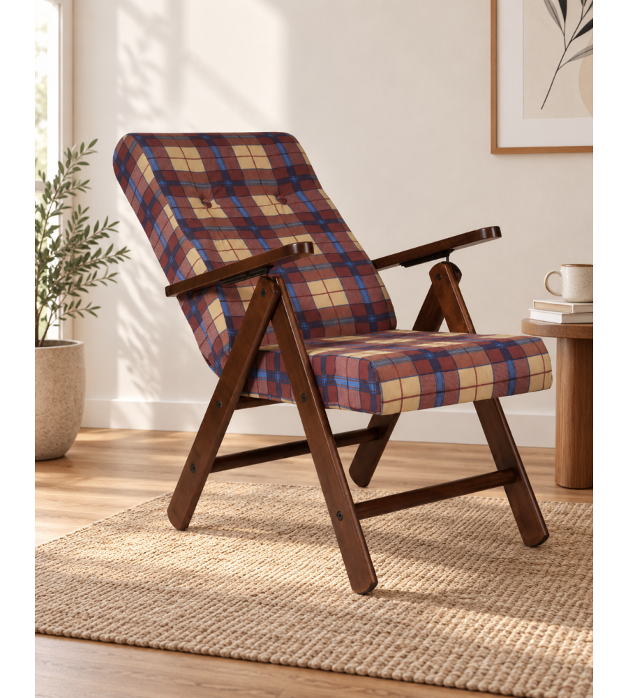 Poltrona Roma Reclinabile in Legno e Tessuto - Scacchi Blu, Verde o Bordeaux
