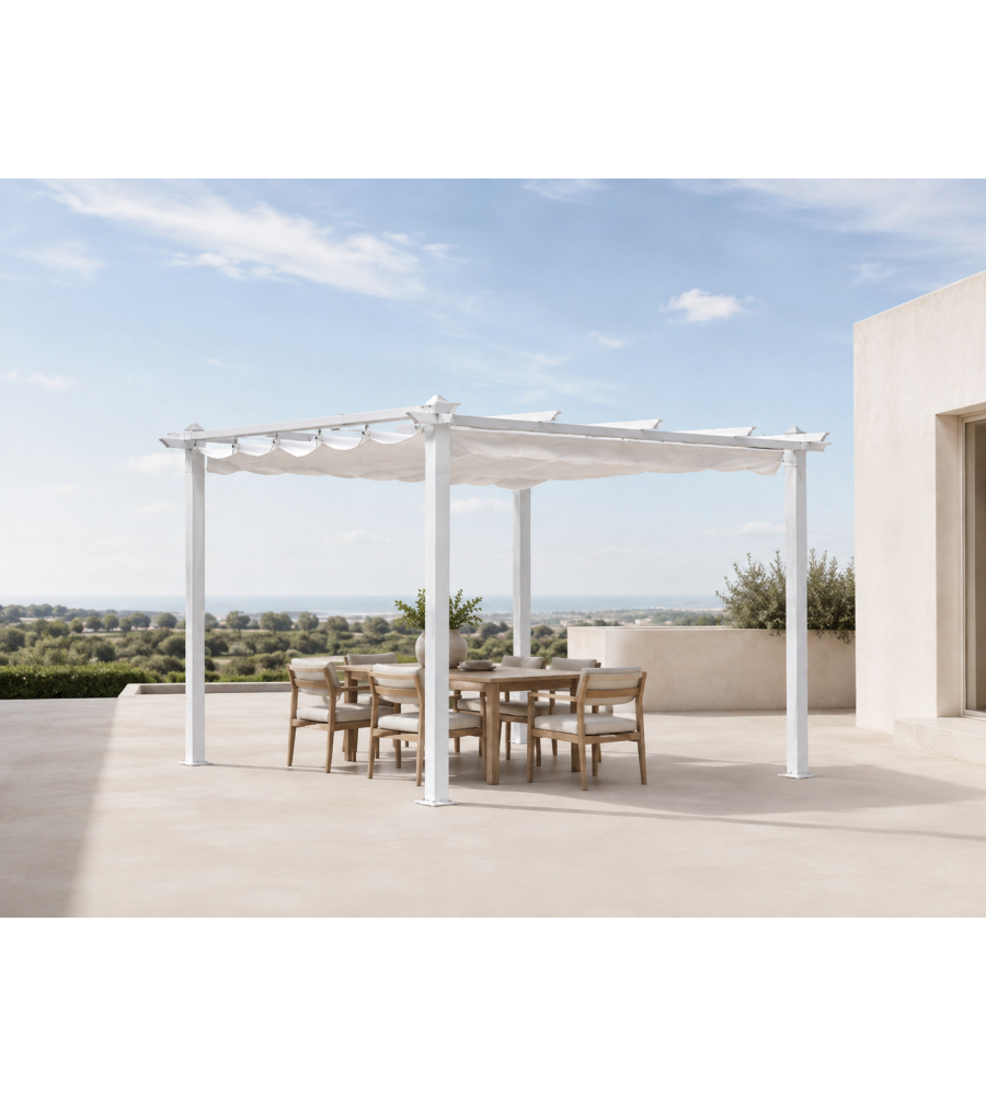Pergola da Giardino 3x3 m in Alluminio Bianco con Telo - Facile Montaggio - Domo Mea