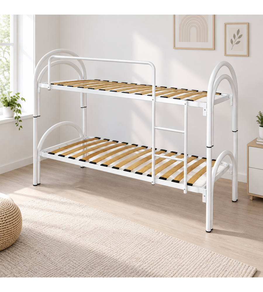 Letto a Castello Bianco con Doppio Arco e Doghe in Legno - 200x80 cm