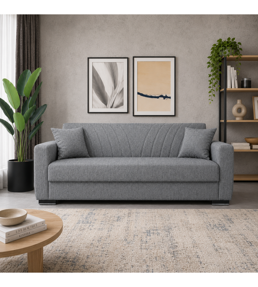 Divano Letto 3 Posti in Tessuto Grigio 210x75x80 cm Apertura Facile - New York Domo Mea