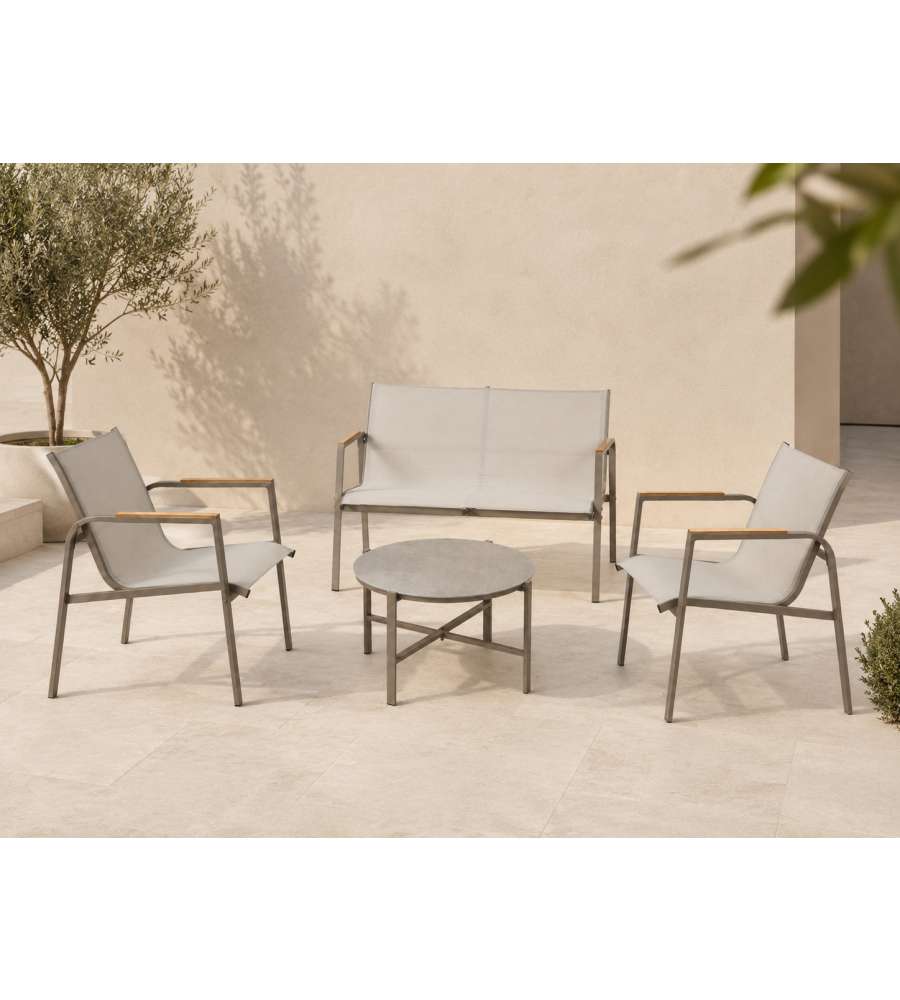 Domo Mea Salotto da Giardino Best Sand - Tavolino, Poltroncine e Divano Textilene Sabbia