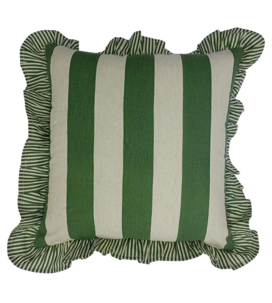 DOMO MEA Cuscino 45x45cm Rigato Verde Scuro con Frangia e Zip