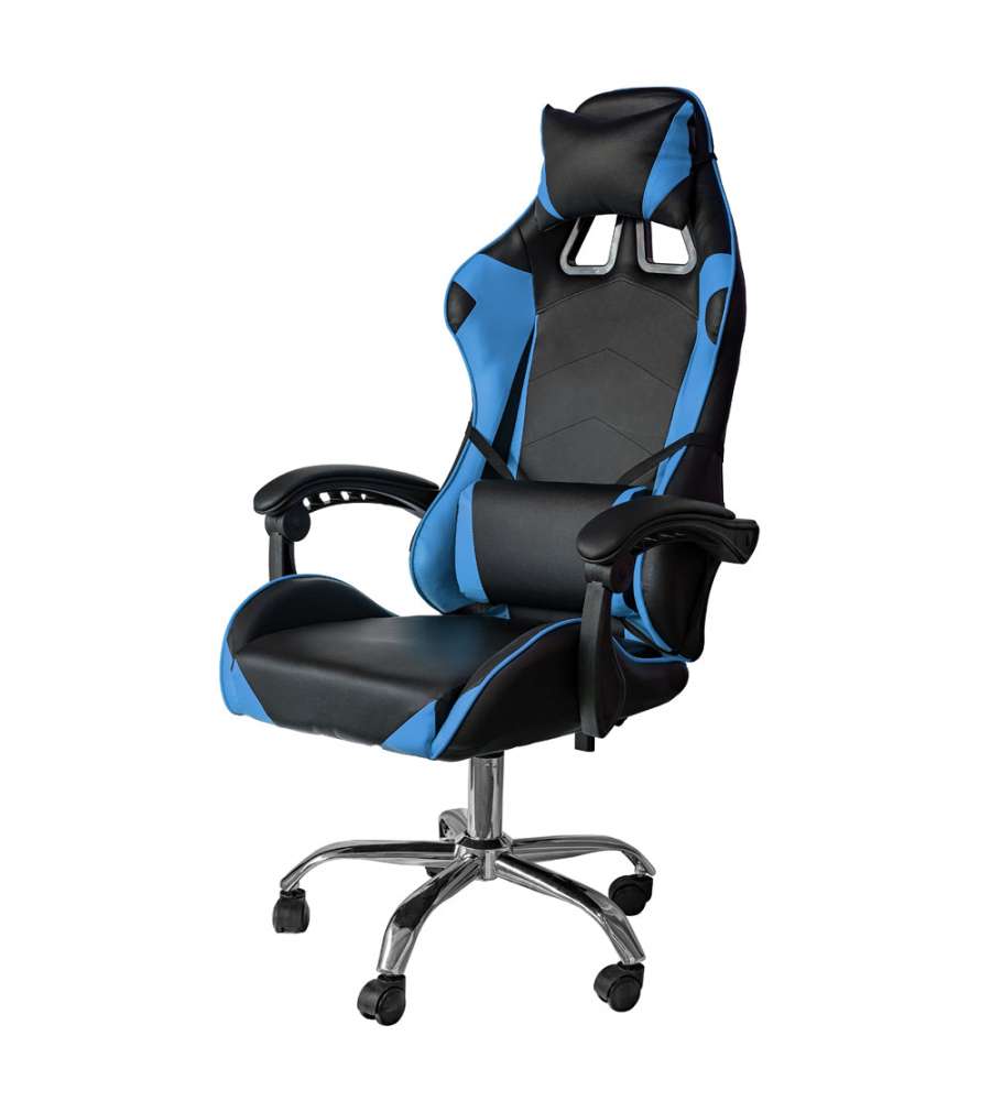 Poltrona Sedia Gaming girevole reclinabile da ufficio con supporto lombare e poggiatesta Blu