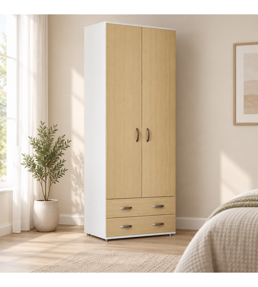Armadio Lugano doppia anta in ciliegio Olmo con cassetti - 207x80x52 cm