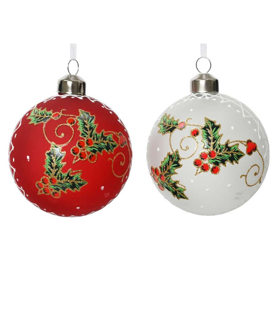 Sfera natalizia rossa o bianca con agrifoglio