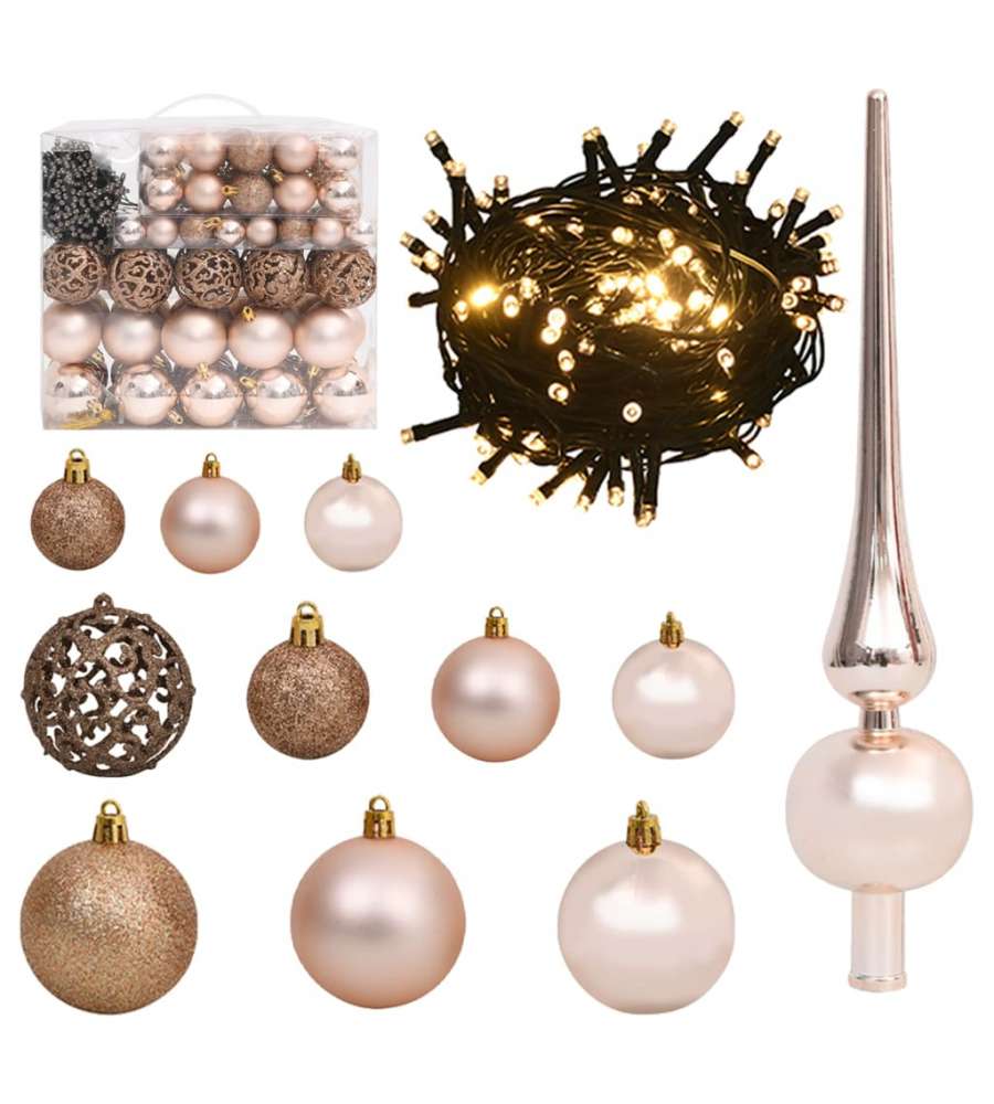 Set con 120 Palline di Natale Punta e 300 Luci LED Oro Rosato