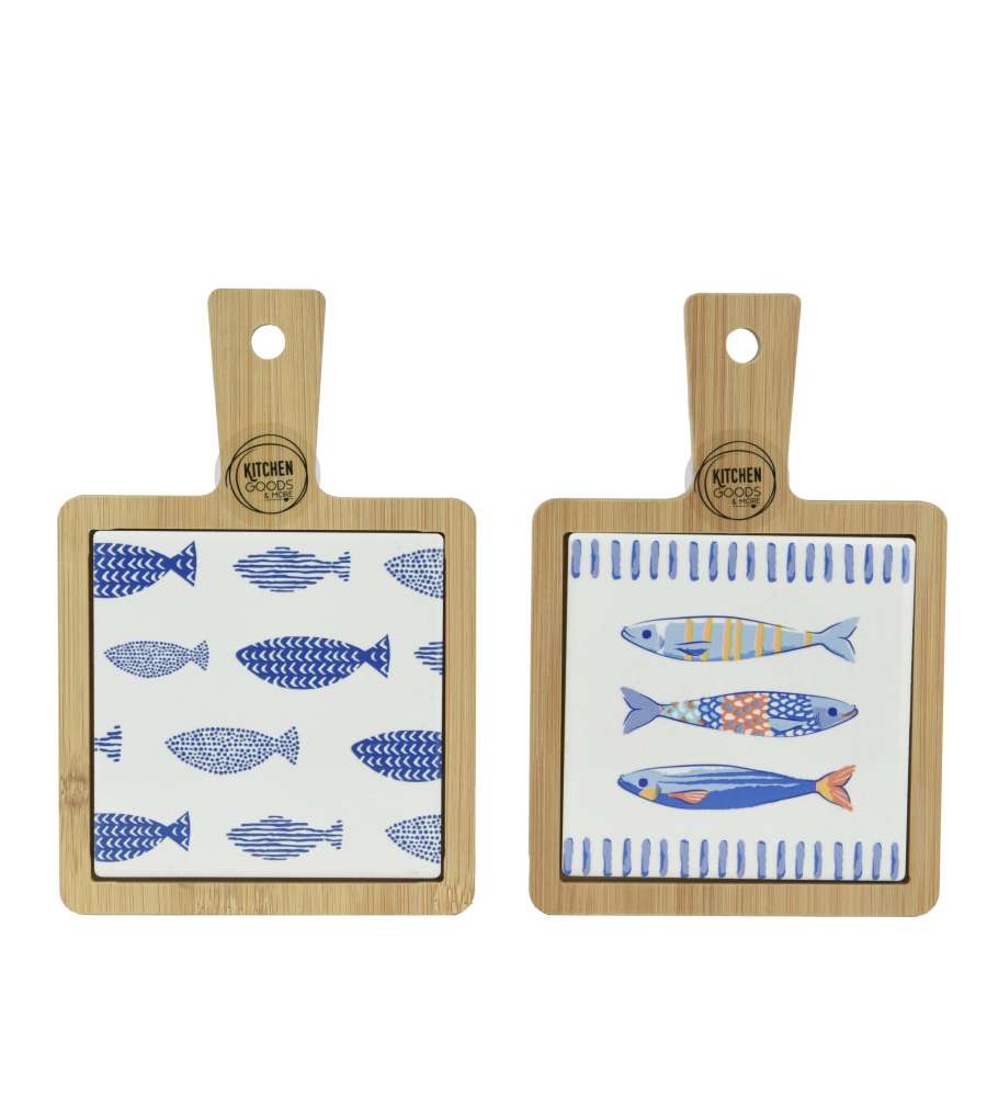 Kitchen Goods Tagliere in Legno e Porcellana 18x12 cm Decoro Pesci Blu