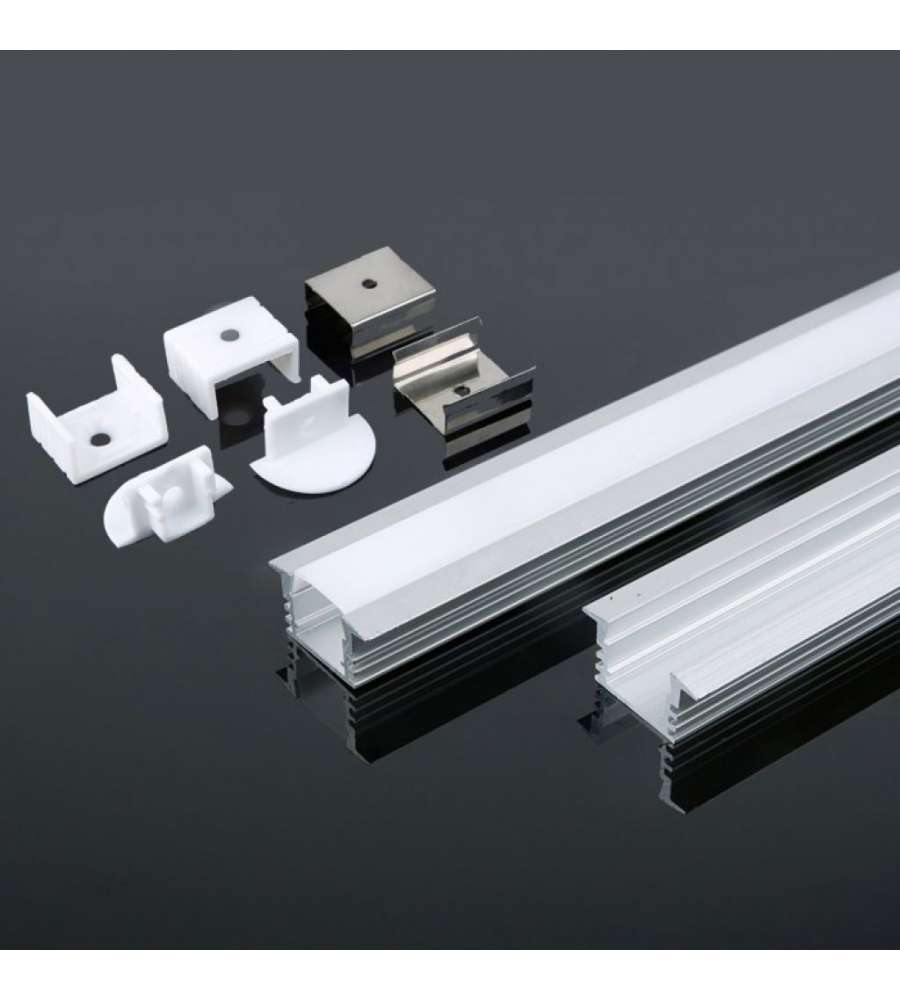 Profilo in Alluminio Colore Silver per Strip LED a Incasso (Max l: 12,5mm) Copertura Satinata 2000 x 24,5 x 12,2mm