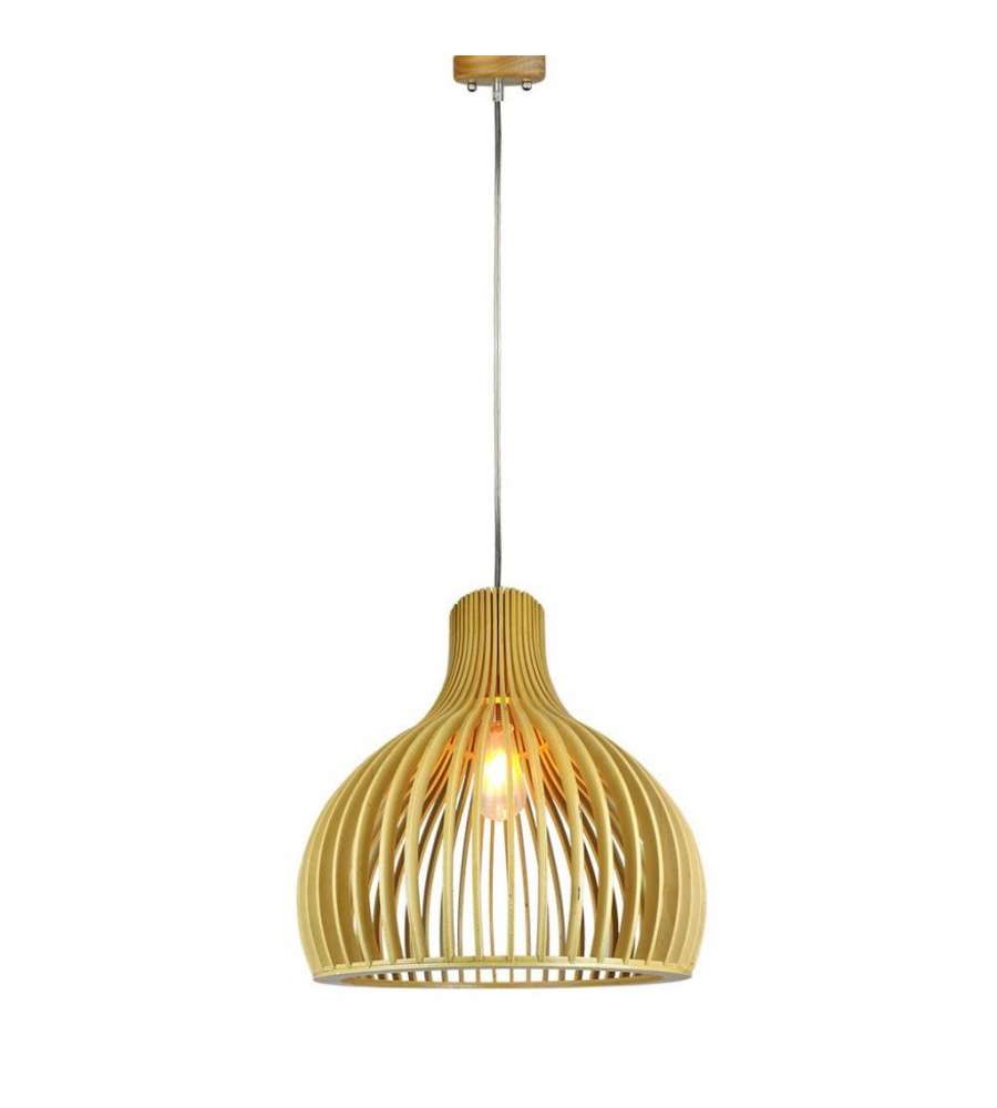 Lampadario LED in Legno a Sospensione con Portalampada E27 (Max 60W) Cappuccio Cromato e Paralume a Imbuto d: 450x450mm 1mt Cavo