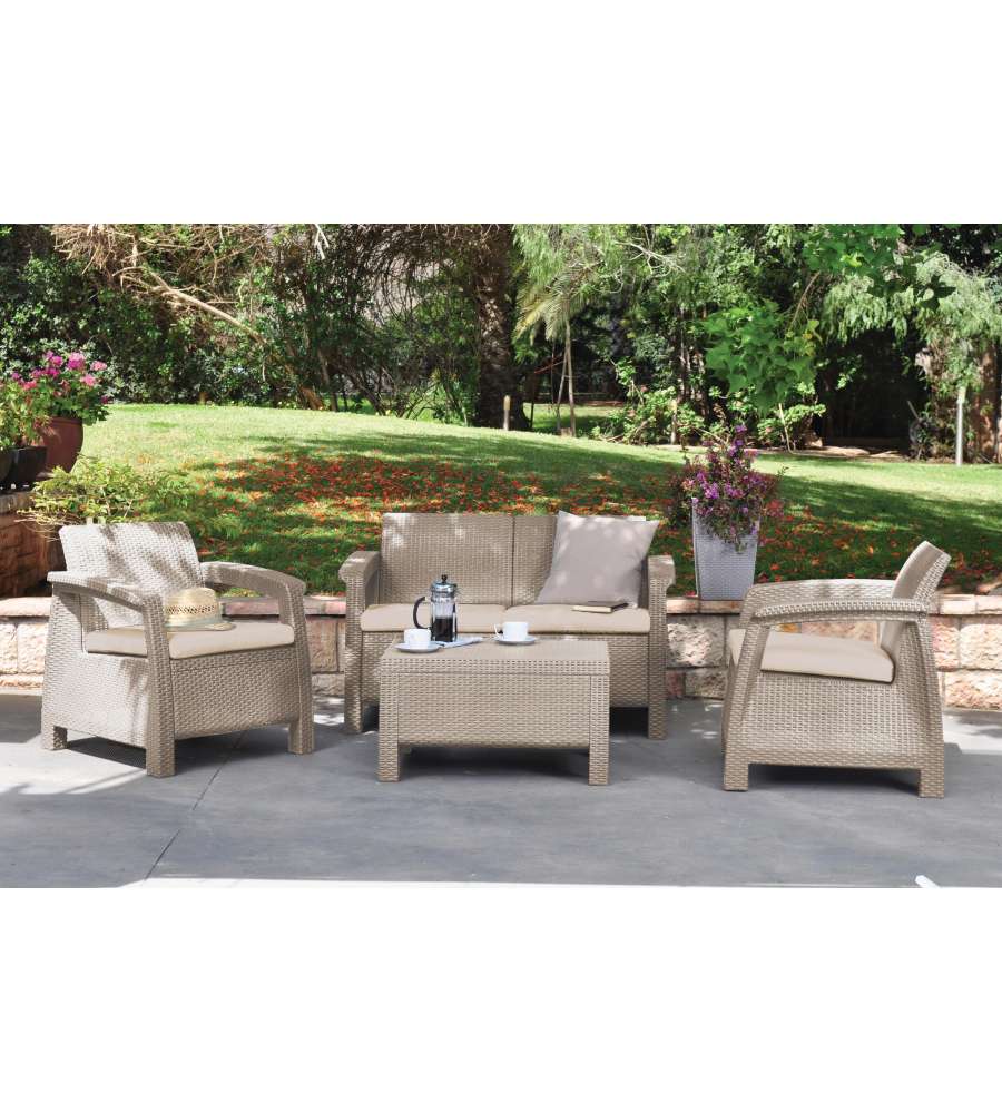 Keter Set da Esterno Corfu - Polipropilene Cappuccino - Con Cuscini Beige