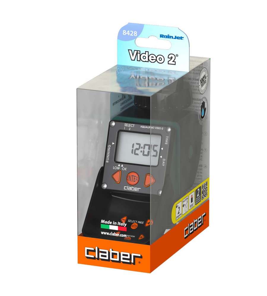 Claber Aquauno Video-2 Programmatore Irrigazione Automatica 8428 - Display Digitale, Facile da Usare