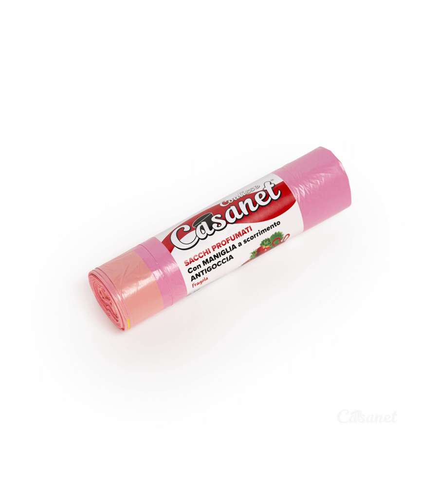 15 sacchi per la spazzatura rosa con maniglia e profumo Fragola 55 x 65 cm