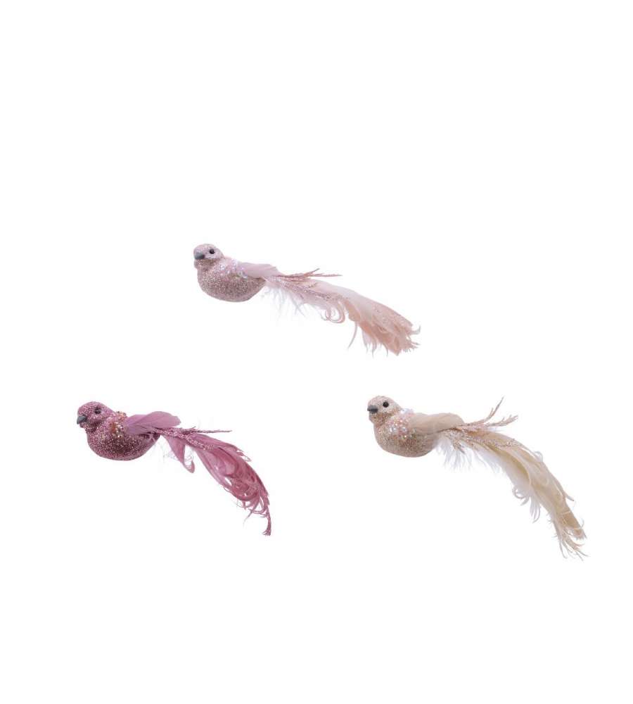 Kaemingk Decorazione Natalizia Uccellino - Rosa/Perla/Bordeaux - 3.5x16x4 cm