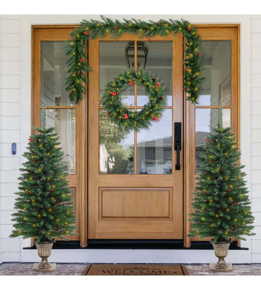 Alberi di Natale Artificiali 2 pz con Corona, Ghirlanda e LED