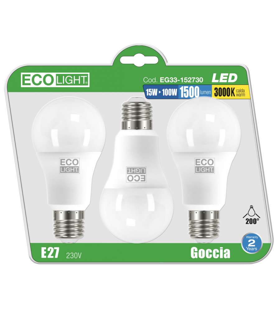 Lampadine luce calda LED goccia E27 15W set 3 pezzi