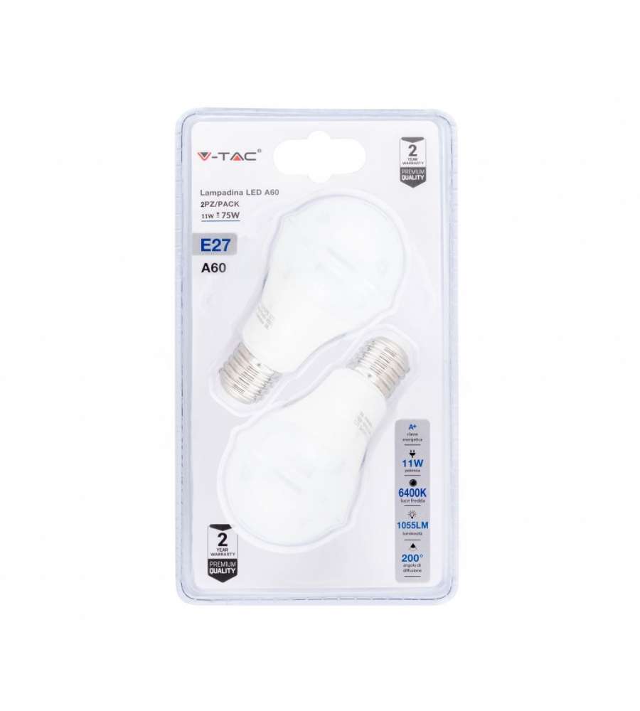 Lampadina LED E27 11W 100LM/W A60 6400K (Blister 2 pezzi)