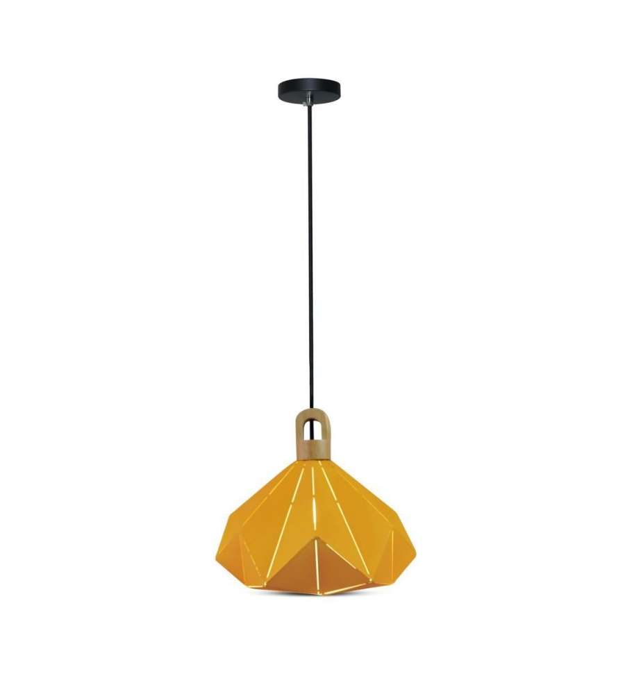 Lampadario LED a Prisma in Metallo con Portalampada E27 (Max 60W) Colore Giallo e Attacco in Legno