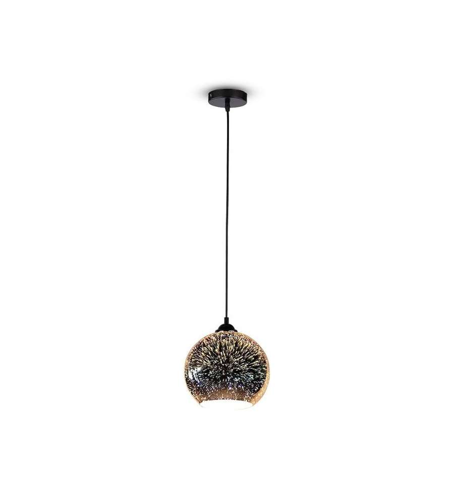 Lampadario A Sospensione Sfera In Vetro Ambra - Attacco E27, Luce Diffusa 360°, Cavo Regolabile, Struttura Bronzo