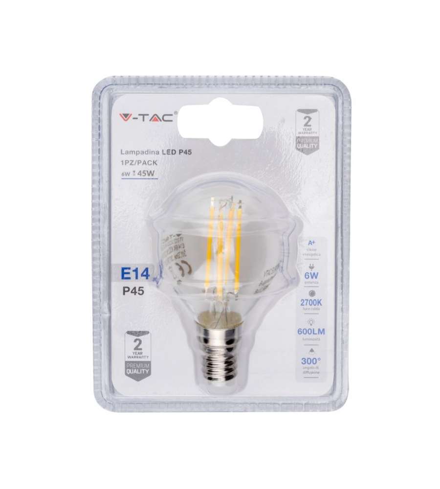 Lampadina LED E14 6W P45 Filamento 2700K (Blister 1 Pezzo)