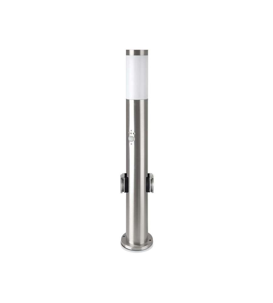 Piantana LED da Giardino 60cm con Portalampada  E27 e 2 Prese Schuko e Sensore di movimento (max 60W) in Acciaio Inossidabile IP44
