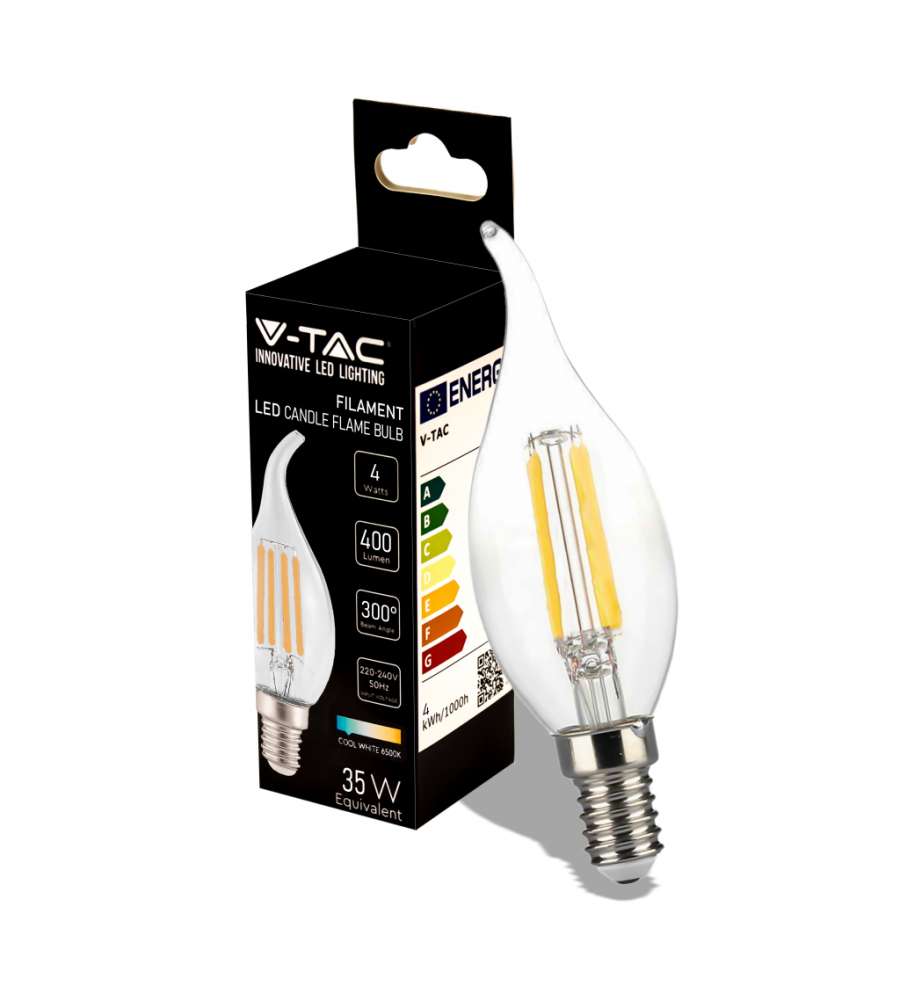 Lampadina LED E14 4W Candela a Fiamma Filamento 6500K