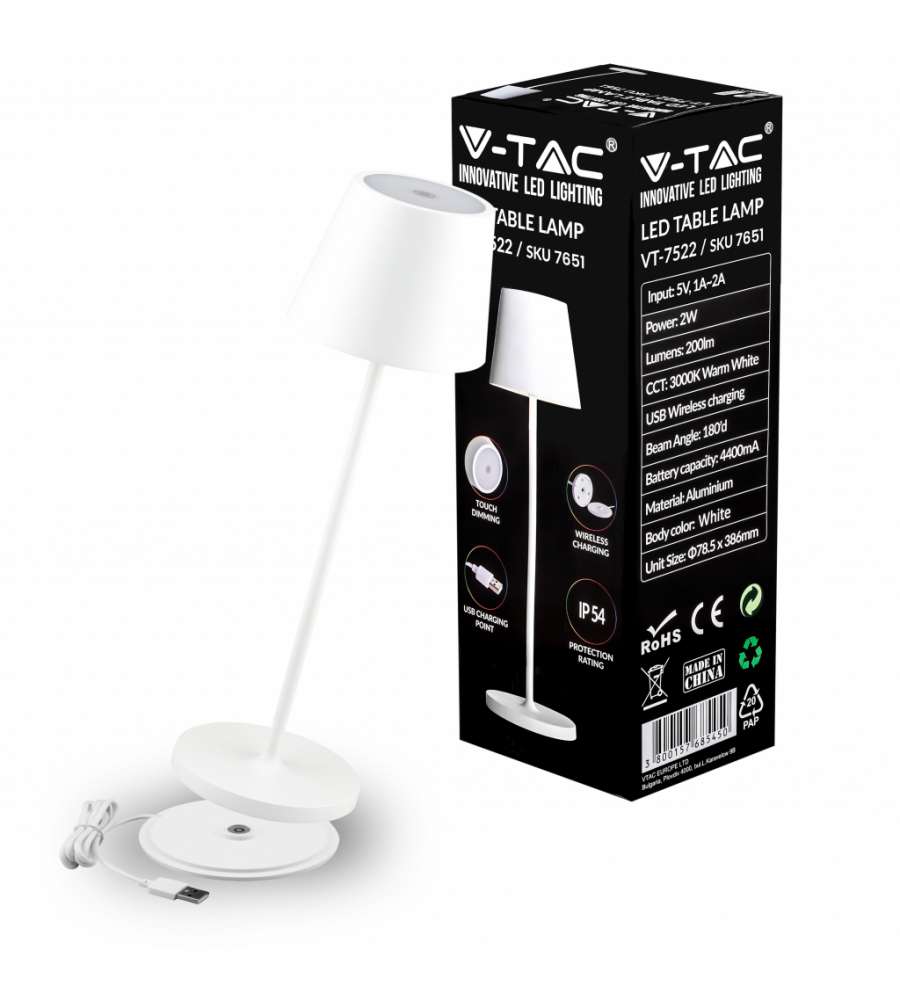 Lampada Led Da Tavolo 2w Colore Bianco In Alluminio Con Caricatore Wireless  E Touch Dimmerabile 3000k Ip54