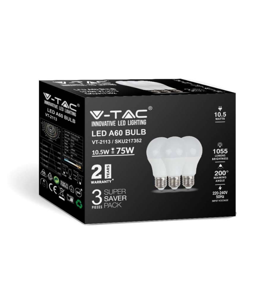 Lampadina LED E27 10.5W 100LM/W A60 3000K (Box 3 pezzi)