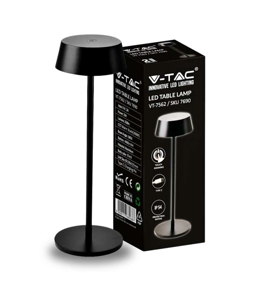 Lampada LED da Tavolo 2W Colore Nero in Alluminio ricaricabile con USB C Touch Dimmerabile 3000K