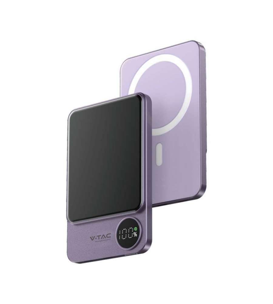 V-TAC Power Bank 5.000 mAh MagSafe Ultra Sottile e Magnetico con Display e Ricarica Wireless Colore Viola