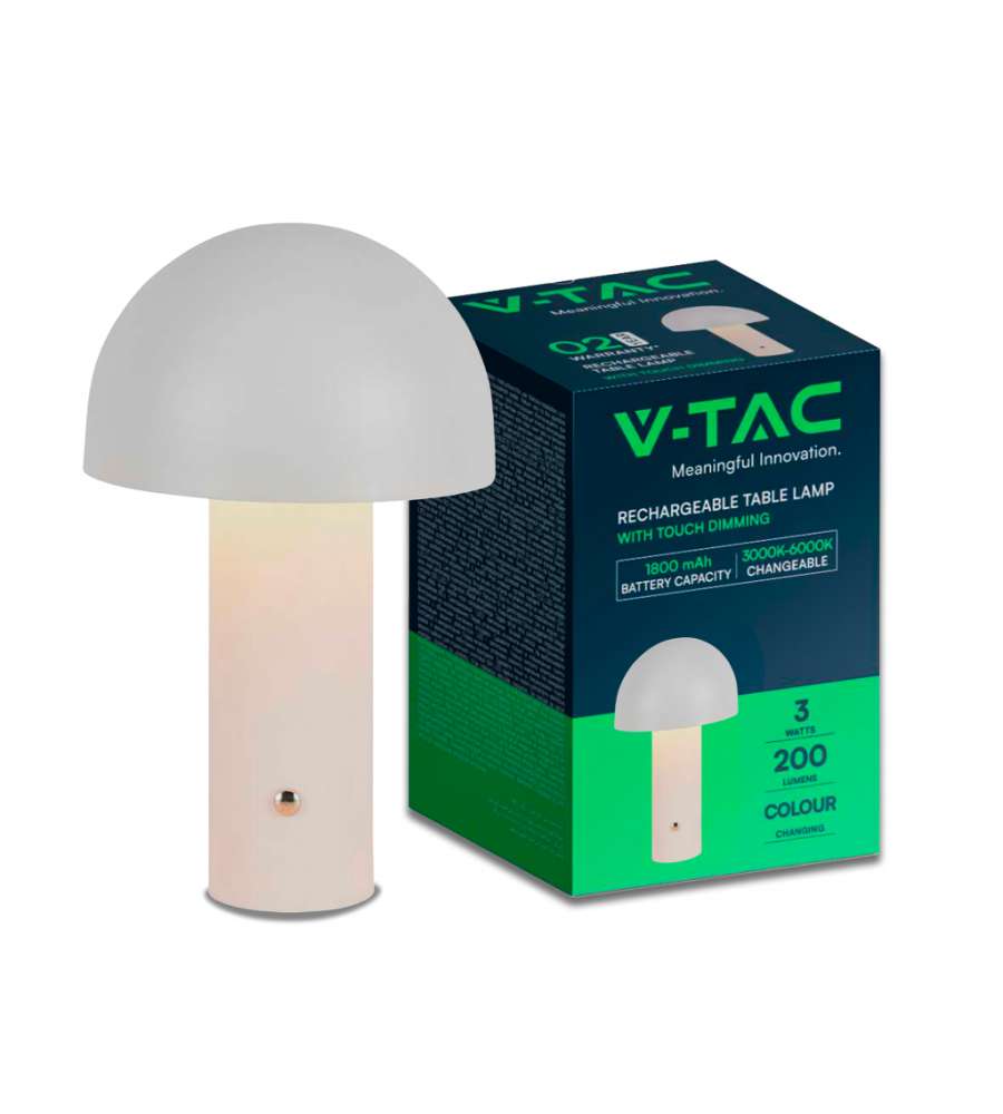 V-TAC Lampada LED da Tavolo 3W con Batteria 1800mAh Ricaricabile USB C Colore Bianco in Metallo Touch Dimmerabile 3in1