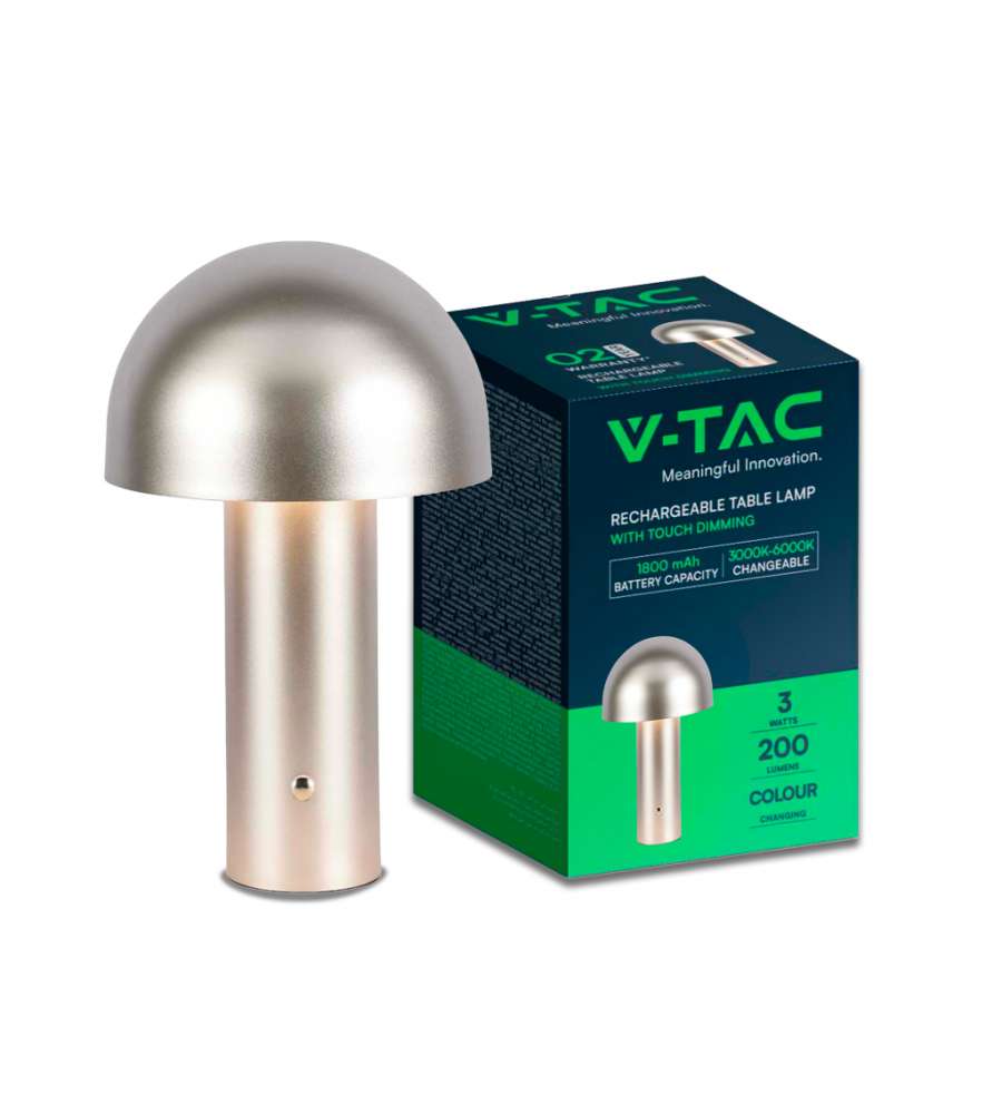 V-TAC Lampada LED da Tavolo 3W con Batteria 1800mAh Ricaricabile USB C Colore Champagne Oro in Metallo Touch Dimmerabile 3in1