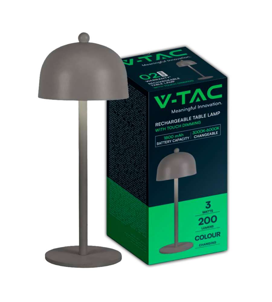 V-TAC Lampada LED da Tavolo 3W con Batteria 1800mAh Ricaricabile USB C Colore Grigio in Metallo Touch Dimmerabile 3in1