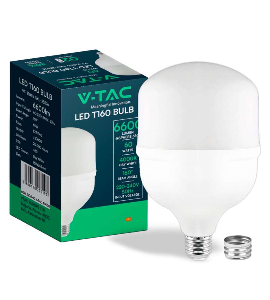 V-TAC Lampadina LED E27, incluso Anello con Attacco E40 60W T160 4000K