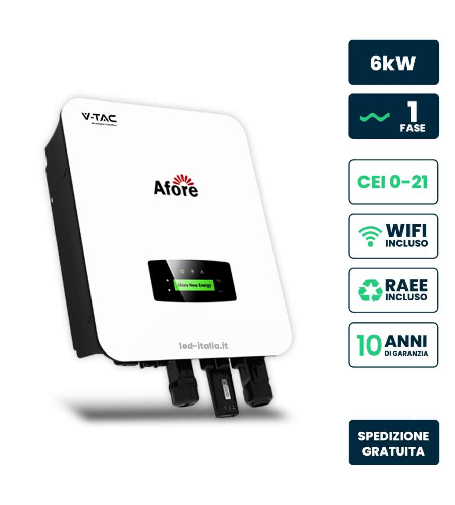 V-TAC Inverter Monofase Ibrido On-Grid/Off-Grid 6kW Meter WiFi e TA Garanzia 10 Anni IP65