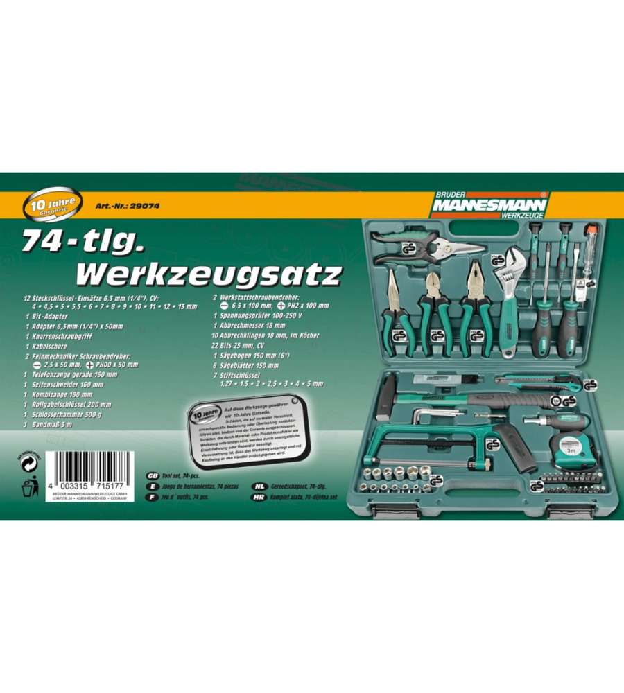 Brder Mannesmann Set di Attrezzi Manuali 74 pz 29074