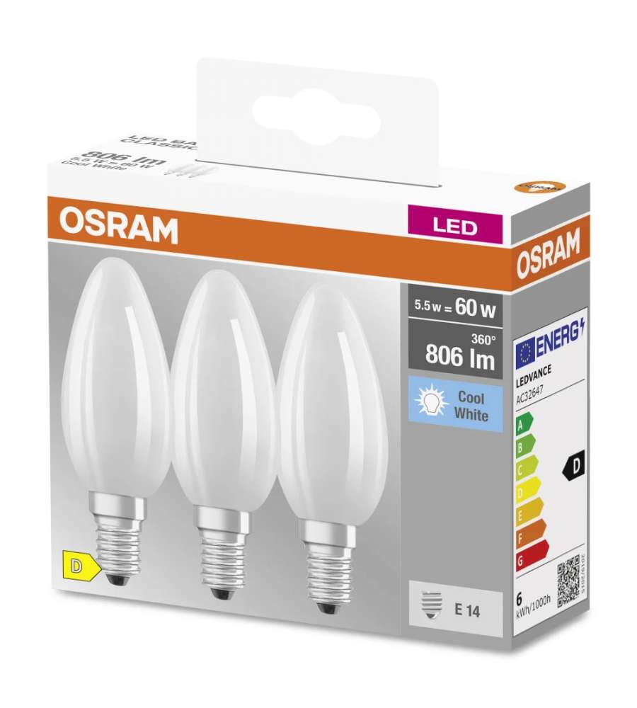 Set di 3 Lampadine LED Osram E14 5,5W 4000K 806 Lumen