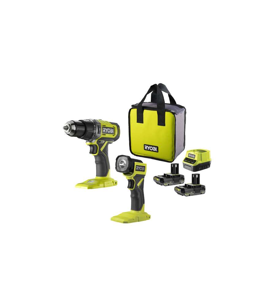 Ryobi Trapano Avvitatore 18V Kit con Torcia e Borsa - 2 Batterie 2Ah