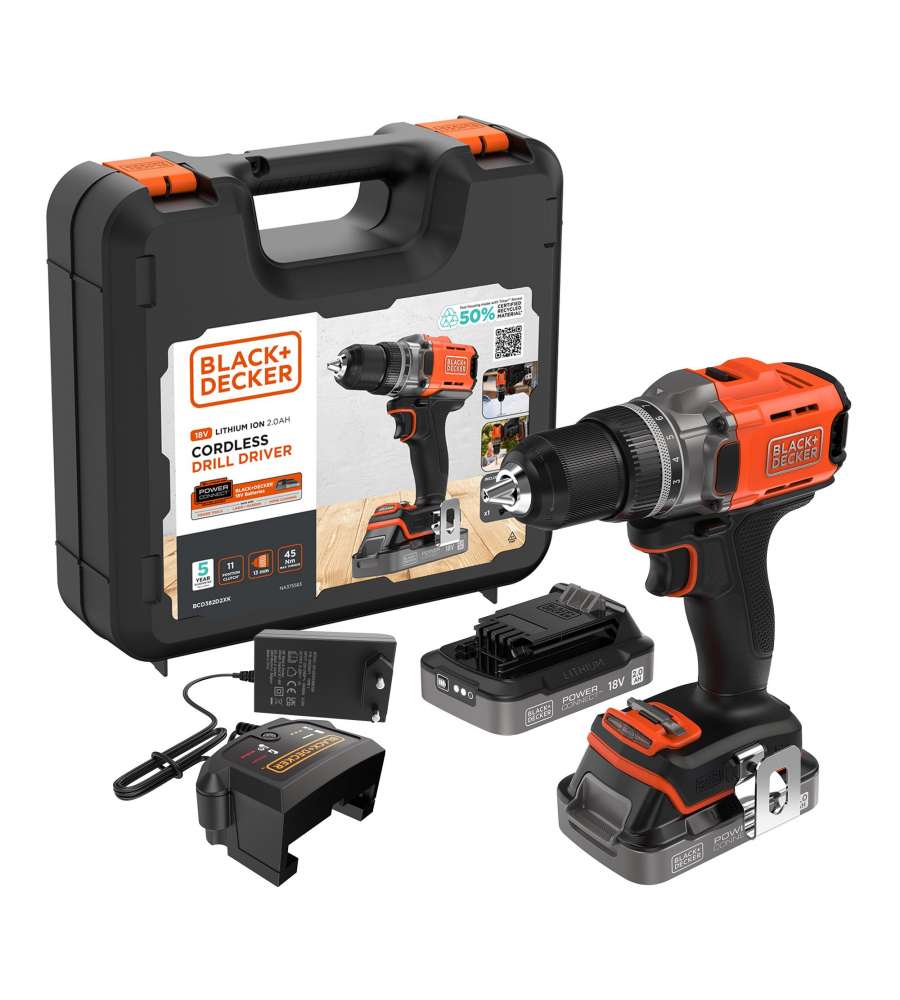 Black+Decker Trapano Avvitatore 18V Arancione con 2 Batterie 2.0Ah