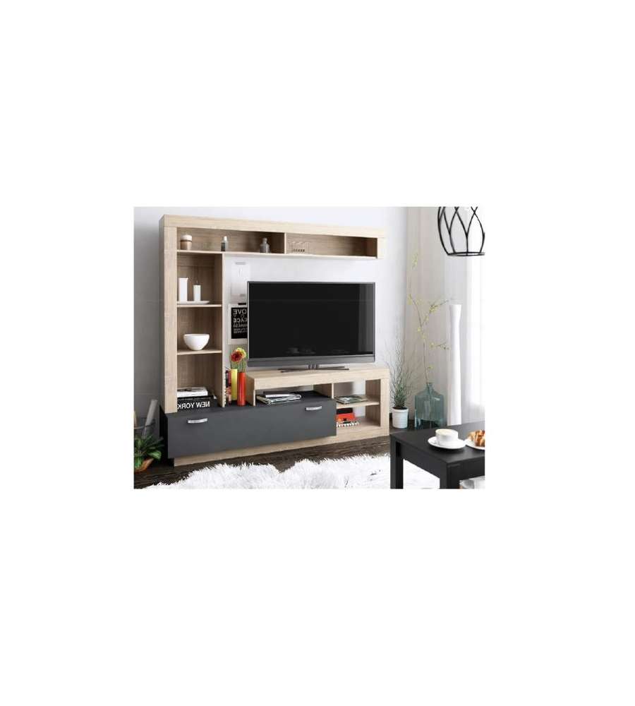 Lea Parete Soggiorno Moderna in Rovere Chiaro e Antracite - 180x42x180 cm