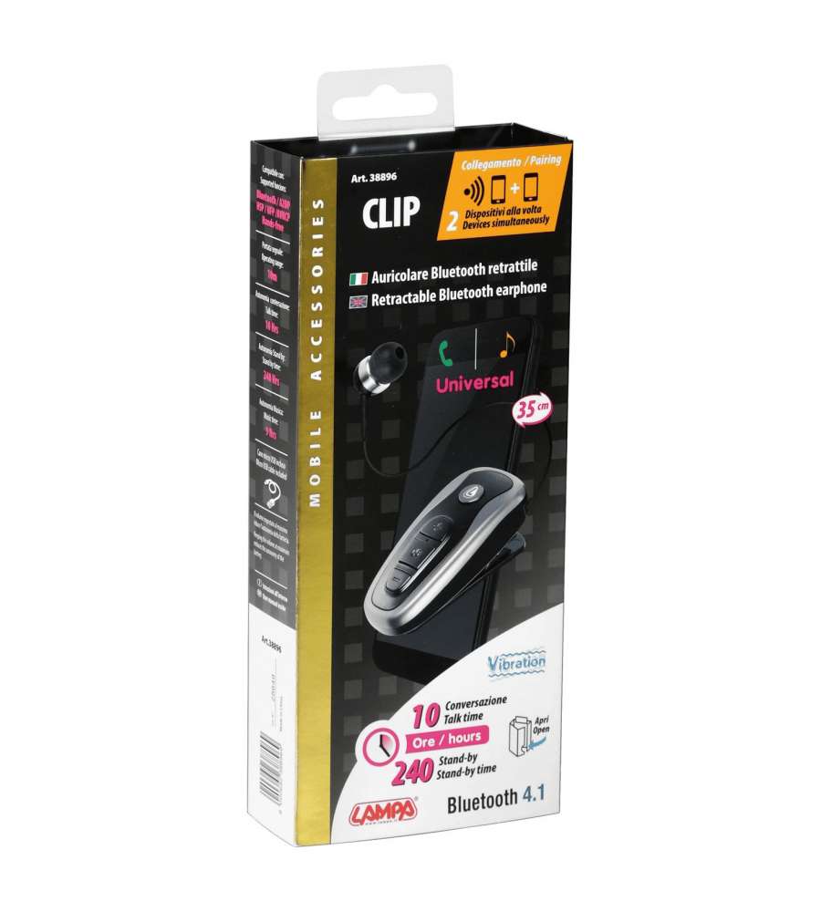 Lampa Auricolare Bluetooth Retrattile Nero Clip 4.1 Cuffia Intra-aurale