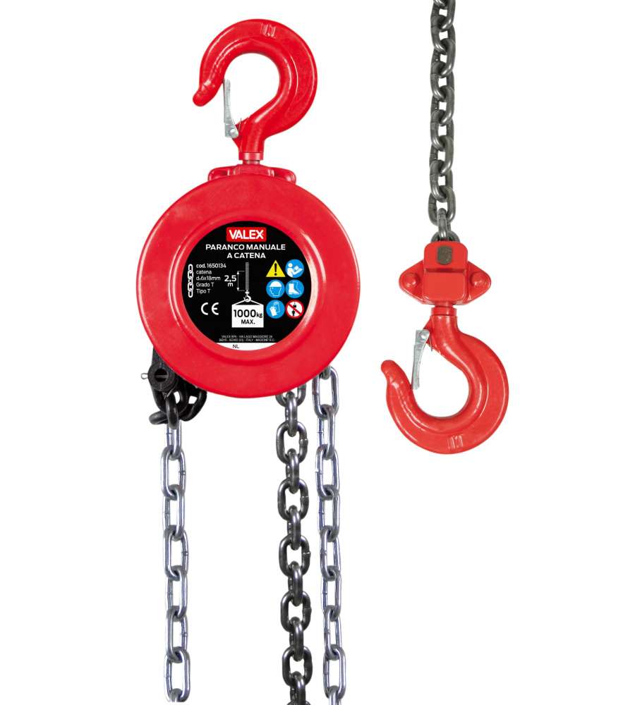 Valex Paranco Manuale a Catena 1000kg 3m Doppio Freno Ganci Girevoli