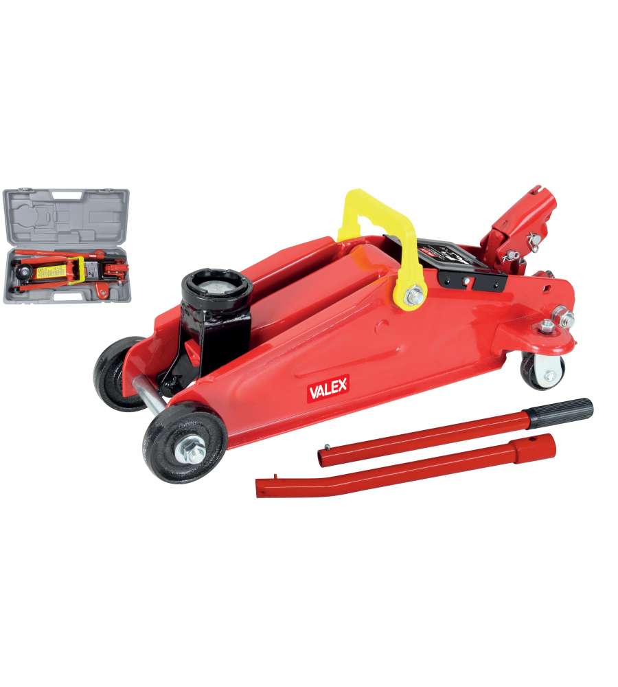 Valex Cric Idraulico a Carrello 2T Rosso - Portata 2000 kg, Valigetta Inclusa