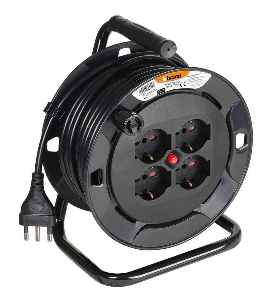 Bticino Avvolgicavo Elettrico 15m 4 Prese Nero con Interruttore 16A