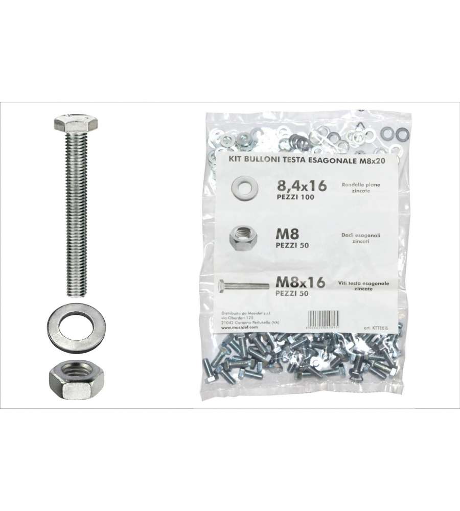 Kit viti testa esagonale M8 x 16 + dadi + rondelle - 200 pz.