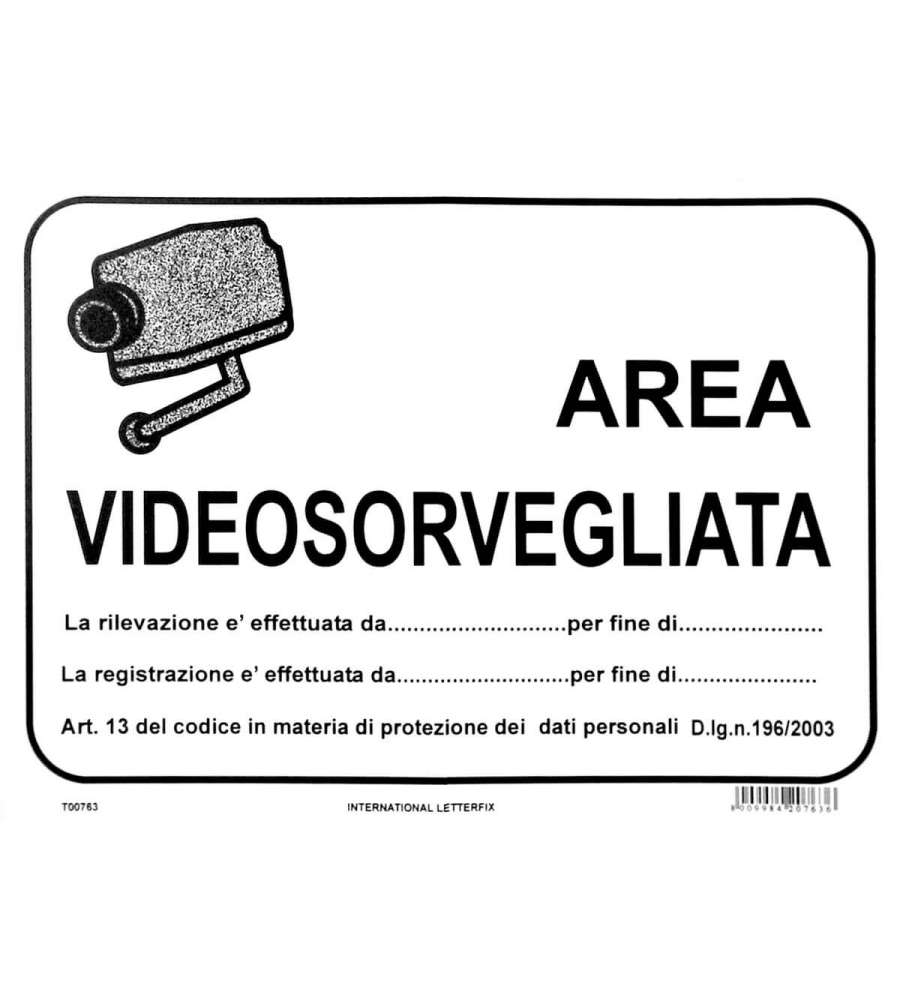 Cartello Area Videosorvegliata 25x45 cm in Polipropilene