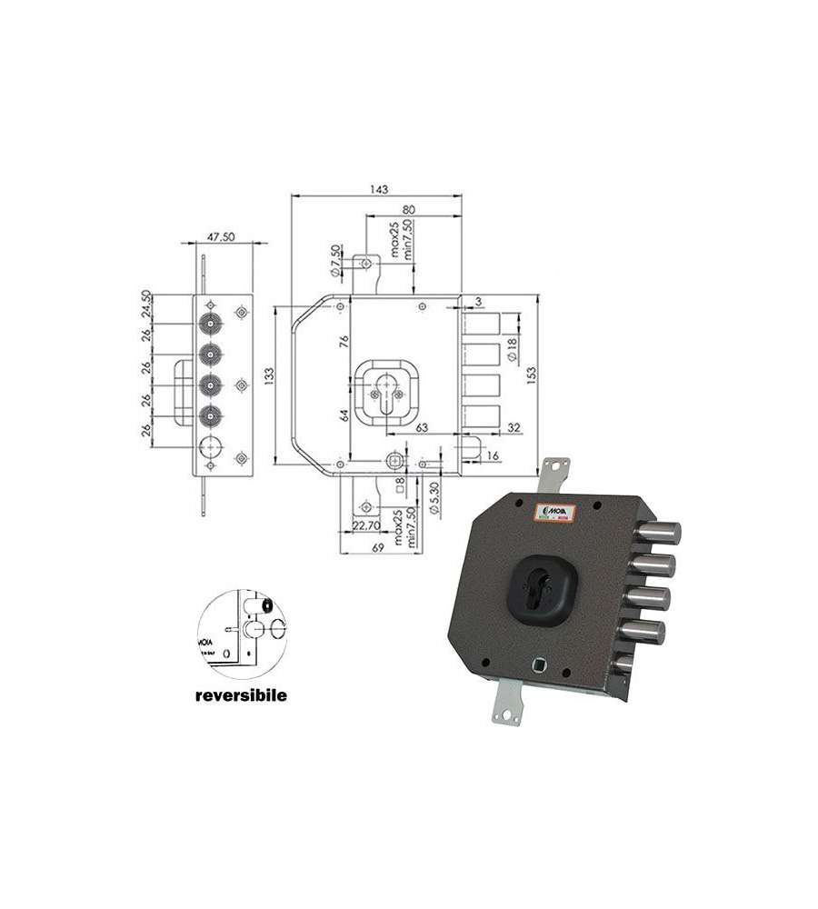 Serratura Sicura Triplice Dx Cilindro  A454 Moia